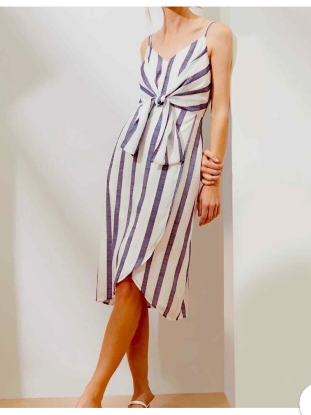 Banana Republic White and Gray Striped Tie-Front Midi Dress